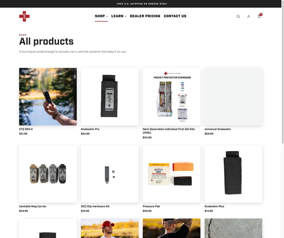 The Snakestaff Systems shop page: the BigCommerce catalogue rendered through the Next.js storefront
